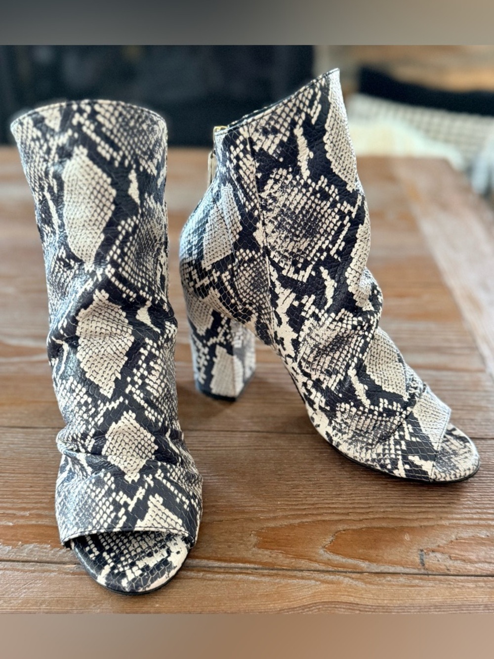 Vero Cuoio Black & White Snake-Print Peep-Toe Ankle Boots